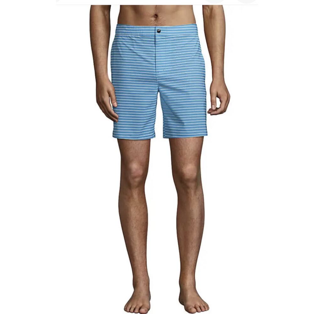 Lands End 7" Sunset Swim Board Shorts Turquoise Blue Stripe Sz XL NWT